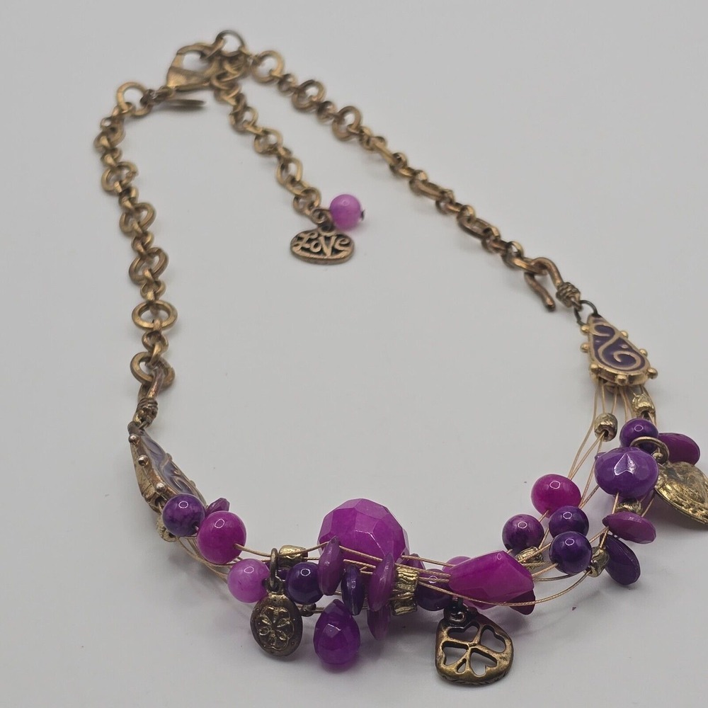 Chicos Purple Beaded Statement Necklace Gold‎ Tone Layered Boho Whimsigoth